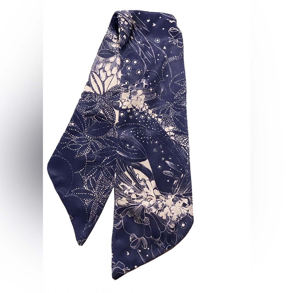 Vintage Abstract Floral Skinny Scarf Navy & White 32”L - Picture 2 of 6